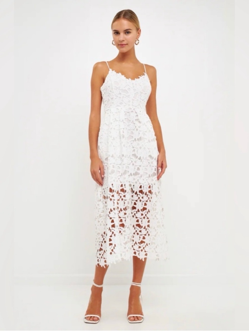 NWT White Lace Midi knee length Slip Dress adjustable Spaghetti Straps